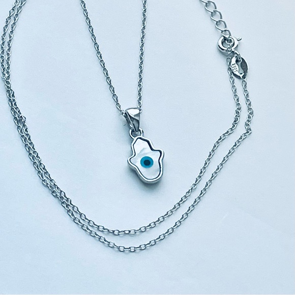 Sterling Silver Mother of Pearl Blue Evil Eye Hamsa Necklace, Silver Necklace - Picture 8 of 11